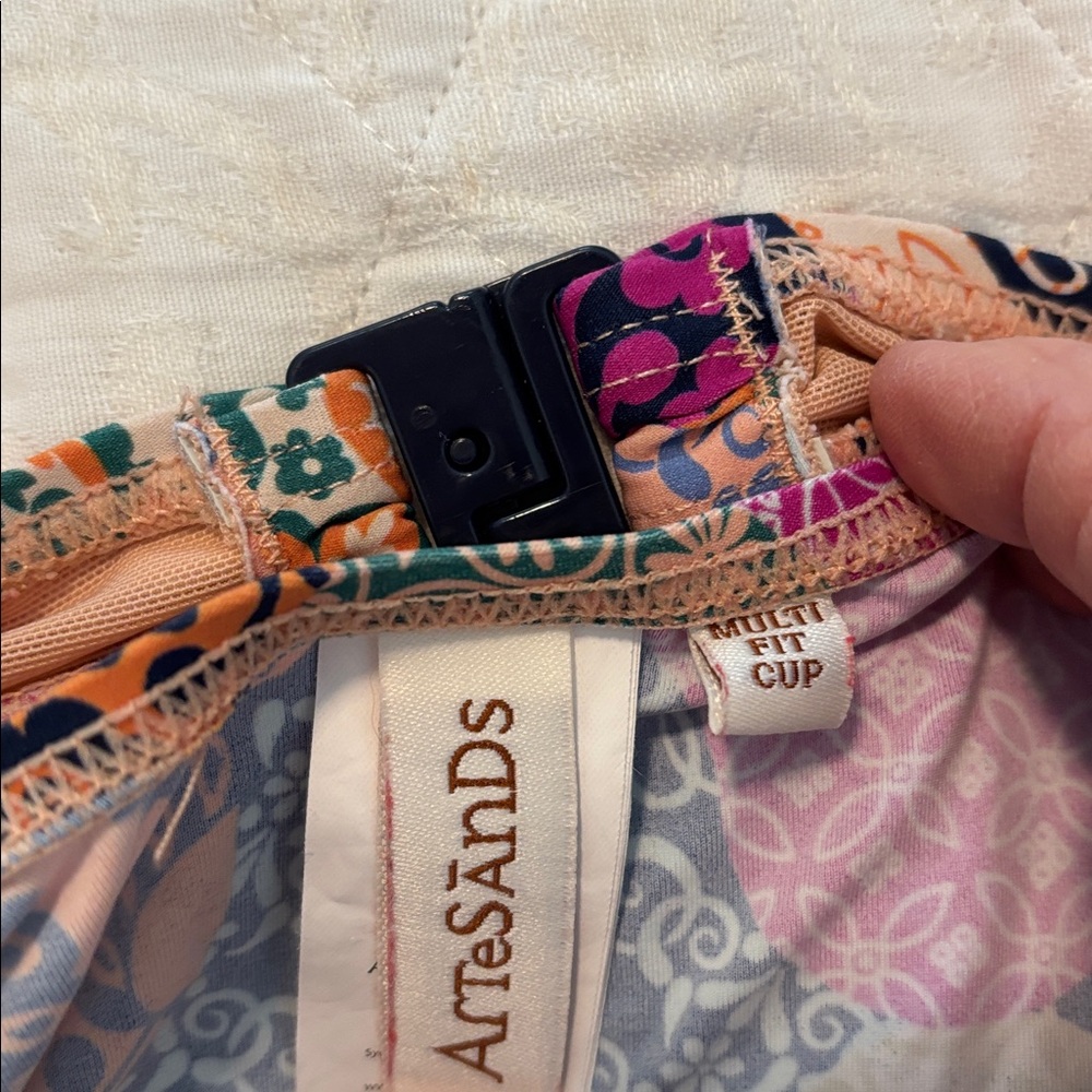 Colorful Patchwork Tie-Front Swimsuit Top with ruffle. - Picture 3 of 4